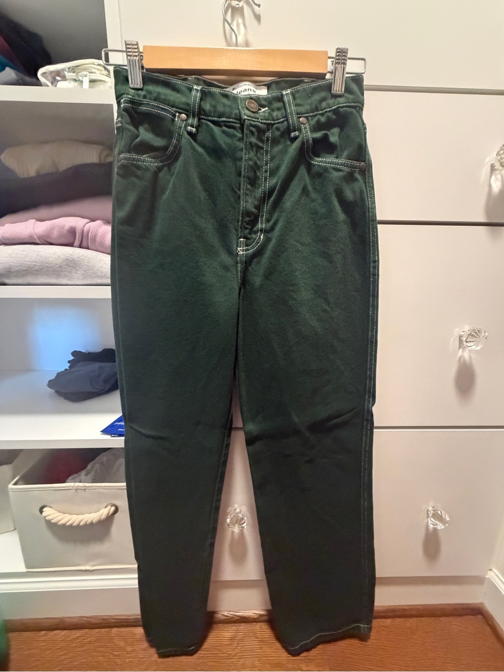 Reformation Forest Green Jeans with White Contrast Stitching